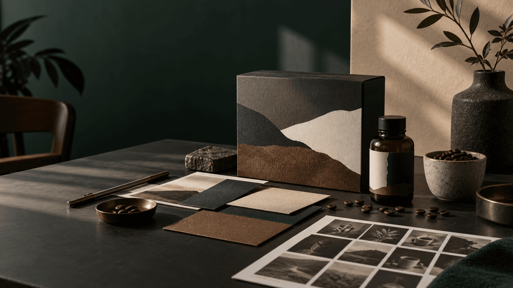Curated coffee product packaging, material swatches, and a campaign contact sheet on a studio table