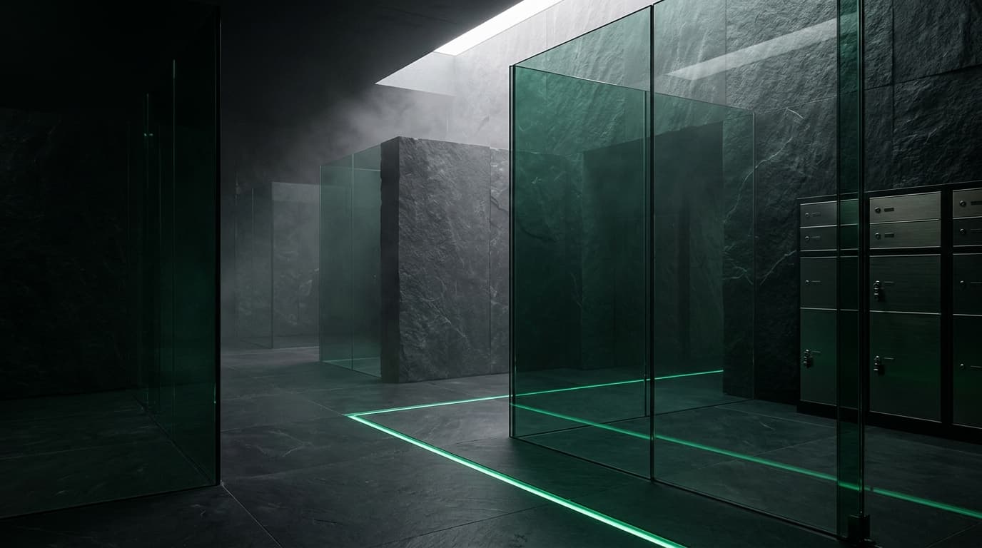 Architectural multi-tenant security vault with physical isolation boundaries and emerald laser gateway