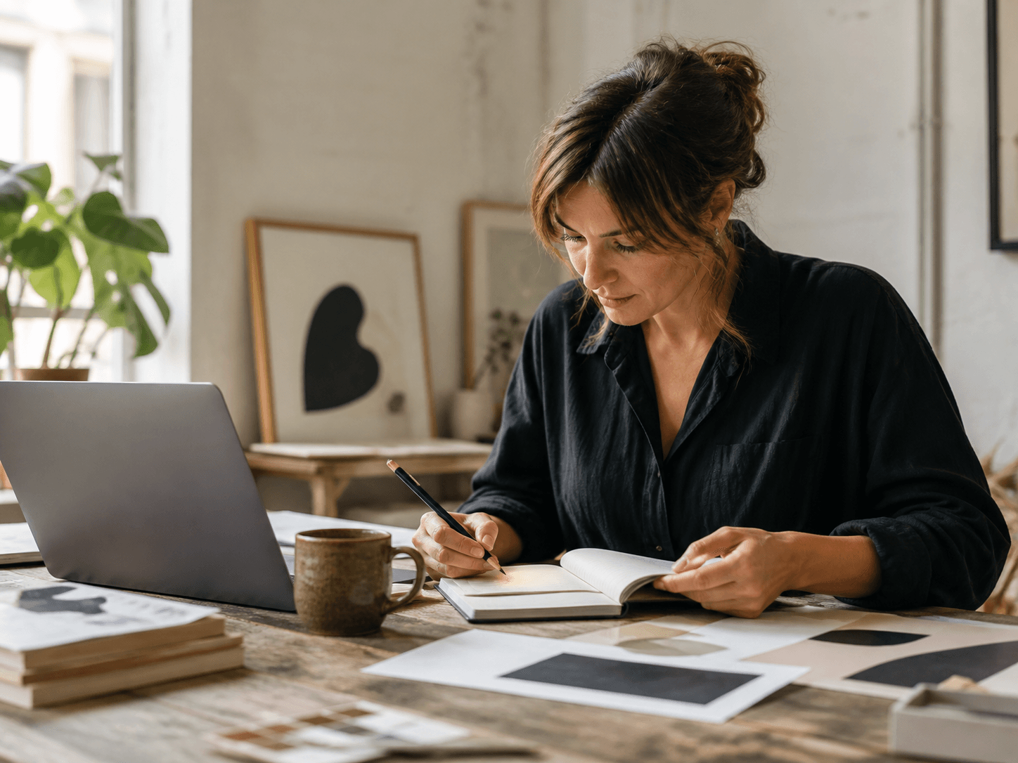 Small business founder writing in a notebook beside a laptop