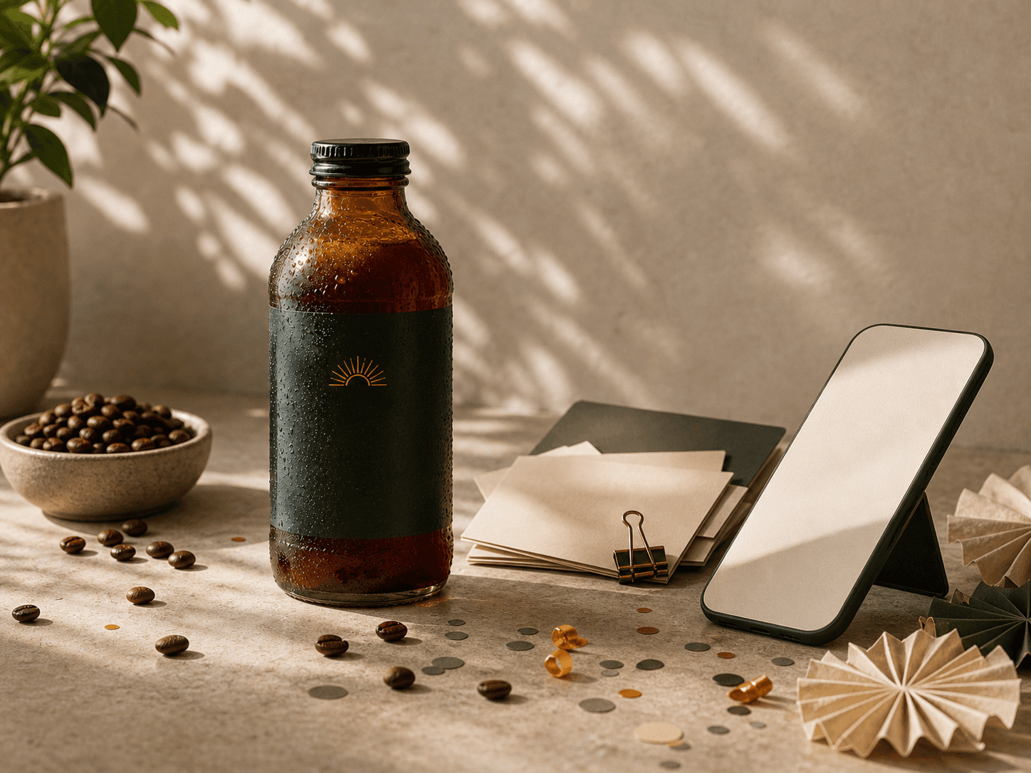Cold brew bottle product launch still life on linen with coffee beans