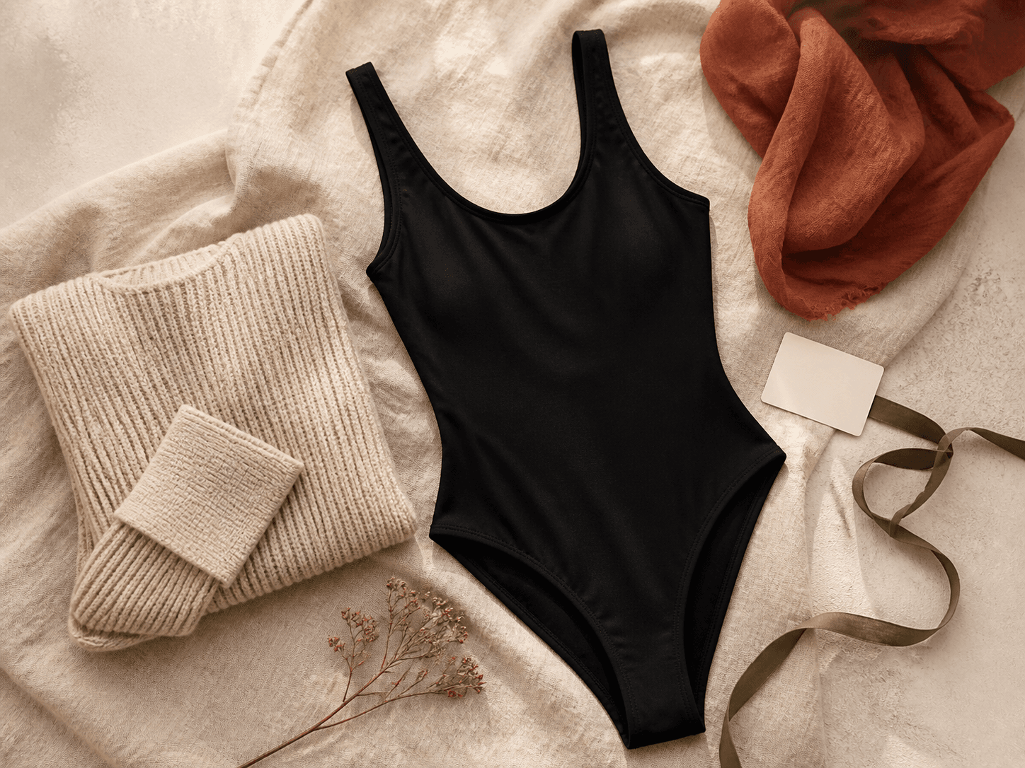 Seasonal fashion collection flat lay with a black bodysuit and warm accessories
