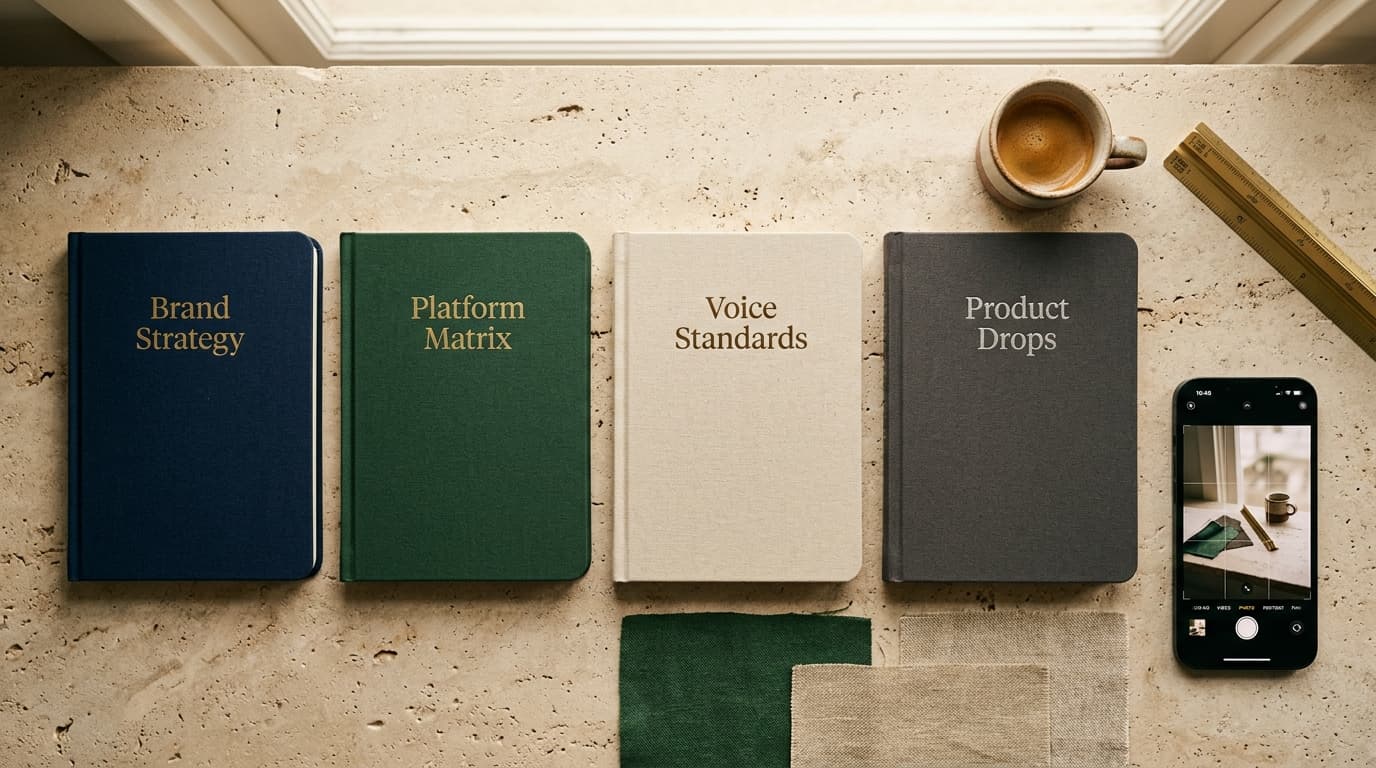 OREoS marketing guide library arranged on a creative worktable